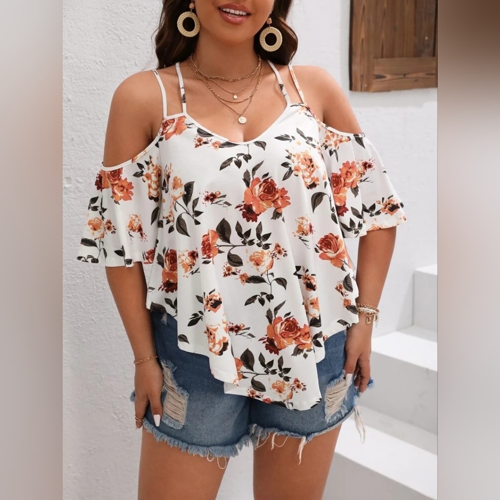 SHEIN White and Orange Floral Cold Shoulder Top